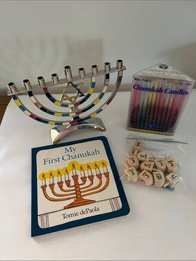 Chanukah Menorah Set with Multi-Colored Accents and Candles